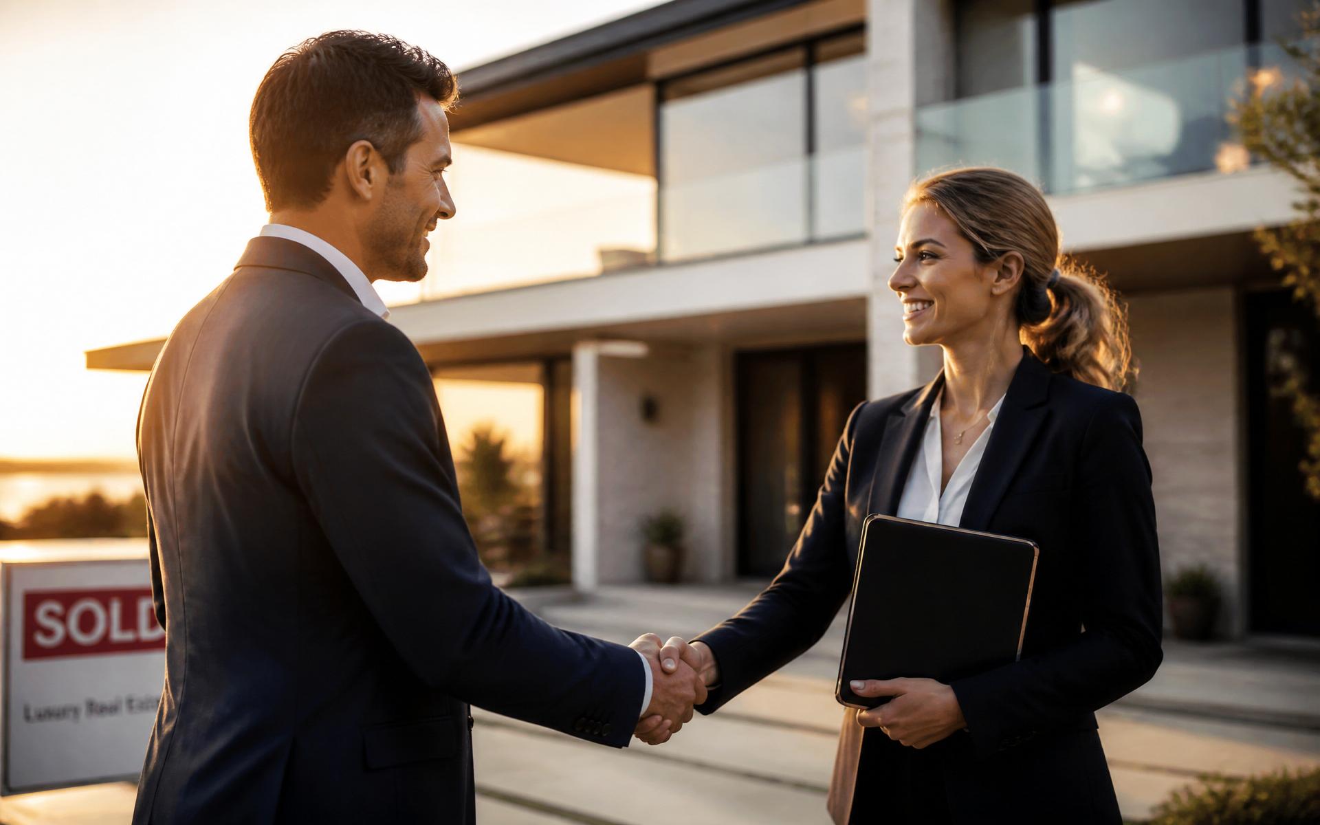 Real estate professionals shaking hands in front of a modern luxury home